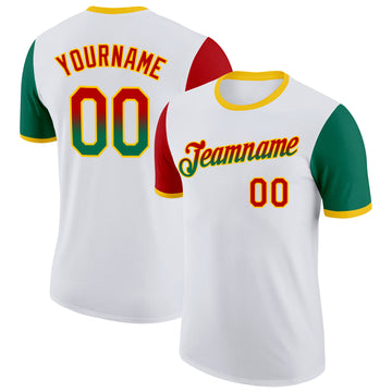 Custom White Red Kelly Green-Yellow Gradient Two Tone Performance T-Shirt