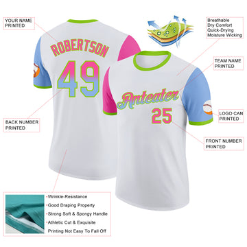 Custom White Pink Light Blue-Neon Green Gradient Two Tone Performance T-Shirt