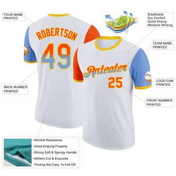 Custom White Orange Powder Blue-Yellow Gradient Two Tone Performance T-Shirt
