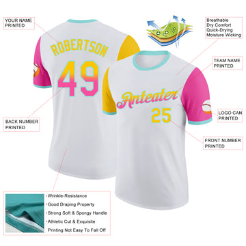 Custom White Yellow Pink-Ice Blue Gradient Two Tone Performance T-Shirt