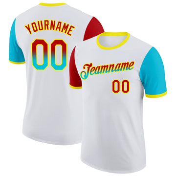 Custom White Red Lakes Blue-Light Yellow Gradient Two Tone Performance T-Shirt