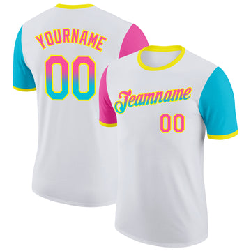 Custom White Pink Lakes Blue-Light Yellow Gradient Two Tone Performance T-Shirt