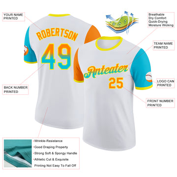 Custom White Bay Orange Lakes Blue-Light Yellow Gradient Two Tone Performance T-Shirt