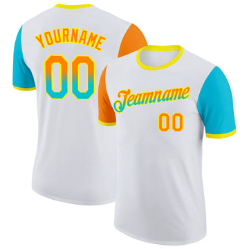 Custom White Bay Orange Lakes Blue-Light Yellow Gradient Two Tone Performance T-Shirt