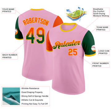 Custom Light Pink Orange Green-Yellow Gradient Two Tone Performance T-Shirt