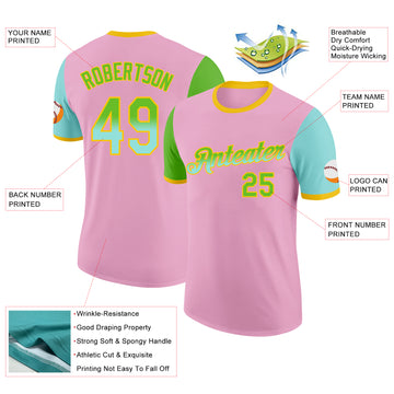 Custom Light Pink Aurora Green Ice Blue-Yellow Gradient Two Tone Performance T-Shirt