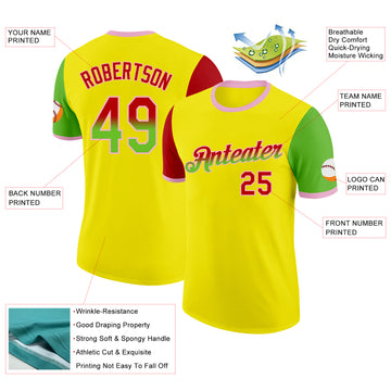 Custom Light Yellow Red Aurora Green-Light Pink Gradient Two Tone Performance T-Shirt