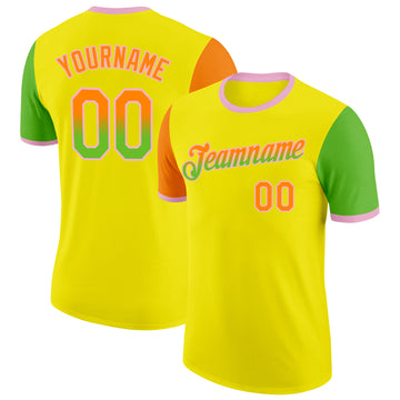Custom Light Yellow Bay Orange Aurora Green-Light Pink Gradient Two Tone Performance T-Shirt