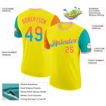 Custom Light Yellow Bay Orange Aqua-Light Pink Gradient Two Tone Performance T-Shirt