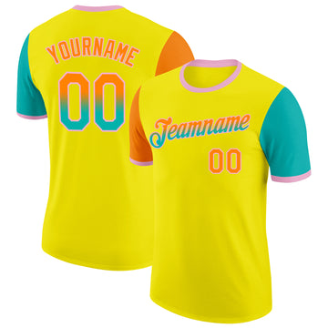 Custom Light Yellow Bay Orange Aqua-Light Pink Gradient Two Tone Performance T-Shirt