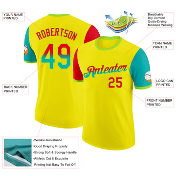 Custom Light Yellow Fire Red Aqua-Neon Green Gradient Two Tone Performance T-Shirt