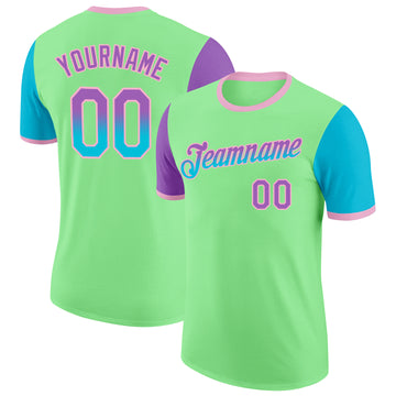 Custom Pea Green Medium Purple Lakes Blue-Light Pink Gradient Two Tone Performance T-Shirt