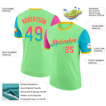 Custom Pea Green Pink Lakes Blue-Yellow Gradient Two Tone Performance T-Shirt