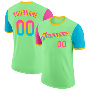Custom Pea Green Pink Lakes Blue-Yellow Gradient Two Tone Performance T-Shirt
