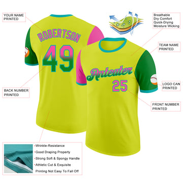Custom Neon Yellow Pink Grass Green-Aqua Gradient Two Tone Performance T-Shirt