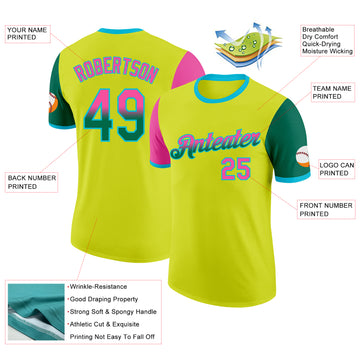 Custom Neon Yellow Pink Kelly Green-Lakes Blue Gradient Two Tone Performance T-Shirt