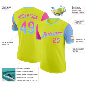 Custom Neon Yellow Pink Light Blue-Ice Blue Gradient Two Tone Performance T-Shirt