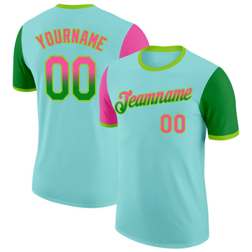 Custom Ice Blue Pink Grass Green-Neon Green Gradient Two Tone Performance T-Shirt