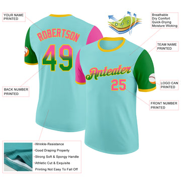 Custom Ice Blue Pink Grass Green-Yellow Gradient Two Tone Performance T-Shirt