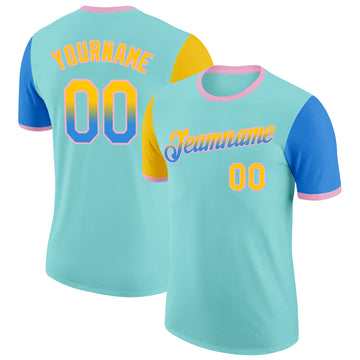 Custom Ice Blue Yellow Powder Blue-Light Pink Gradient Two Tone Performance T-Shirt
