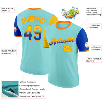 Custom Ice Blue Yellow Thunder Blue-Bay Orange Gradient Two Tone Performance T-Shirt