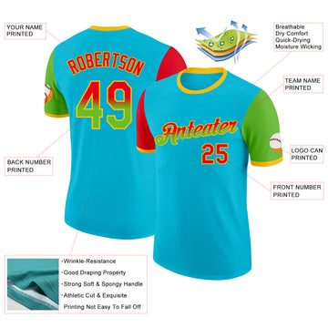Custom Lakes Blue Fire Red Aurora Green-Yellow Gradient Two Tone Performance T-Shirt