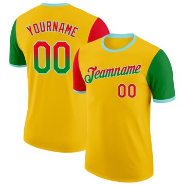 Custom Yellow Fire Red Grass Green-Ice Blue Gradient Two Tone Performance T-Shirt