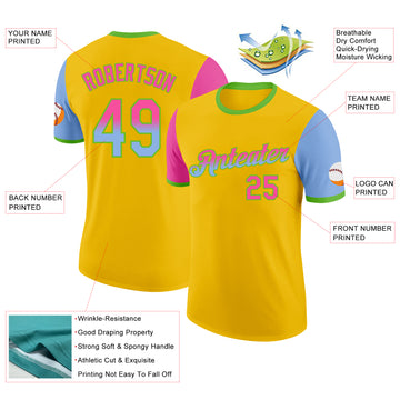 Custom Yellow Pink Light Blue-Aurora Green Gradient Two Tone Performance T-Shirt