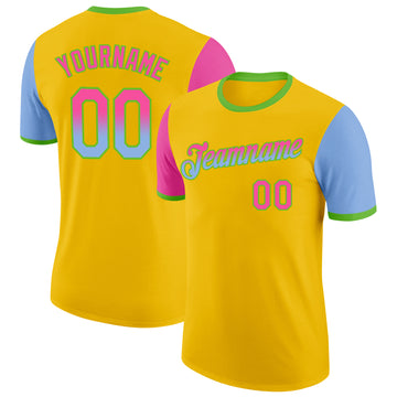 Custom Yellow Pink Light Blue-Aurora Green Gradient Two Tone Performance T-Shirt