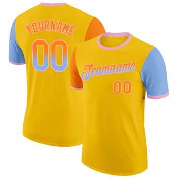 Custom Yellow Bay Orange Light Blue-Light Pink Gradient Two Tone Performance T-Shirt