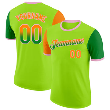 Custom Neon Green Bay Orange Grass Green-Light Pink Gradient Two Tone Performance T-Shirt
