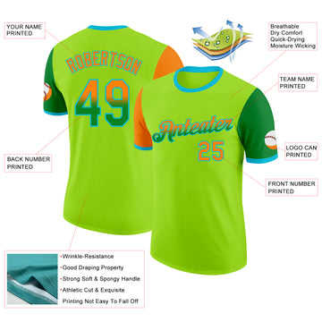 Custom Neon Green Bay Orange Grass Green-Lakes Blue Gradient Two Tone Performance T-Shirt