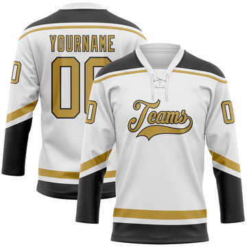 Custom White Old Gold-Black Hockey Lace Neck Jersey