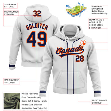 Custom Stitched White Navy-Orange Baseball Pullover Sweatshirt Hoodie