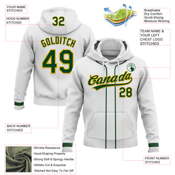 Custom Stitched White Green-Gold Baseball Pullover Sweatshirt Hoodie