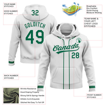 Custom Stitched White Kelly Green-White Baseball Pullover Sweatshirt Hoodie