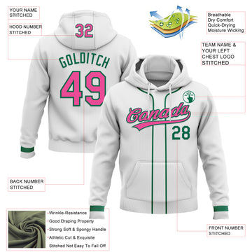 Custom Stitched White Pink-Kelly Green Baseball Pullover Sweatshirt Hoodie
