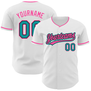 Custom White Teal Black-Pink Authentic Baseball Jersey