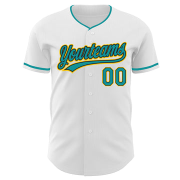 Custom White Teal Black-Yellow Authentic Baseball Jersey