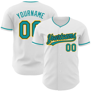 Custom White Teal Black-Yellow Authentic Baseball Jersey