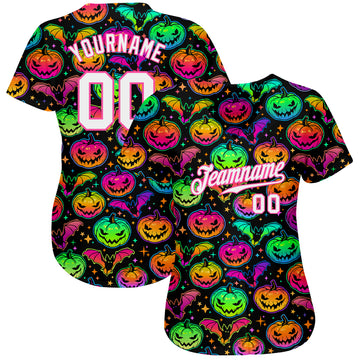 Custom 3D Pattern Bright Multicolored Halloween Pumpkins And Bats Authentic Baseball Jersey