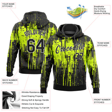 Custom Stitched Neon Green Black-White 3D Pattern Design Dripping Splatter Art Sports Pullover Sweatshirt Hoodie