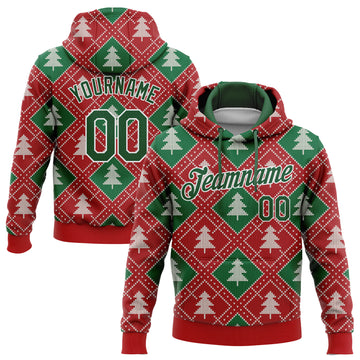 Custom Stitched Red Green-White 3D Christmas Trees Sports Pullover Sweatshirt Hoodie