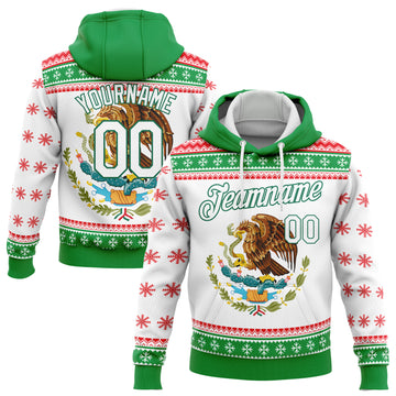 Custom Stitched Kelly Green White-Red 3D Mexican Flag Sports Pullover Sweatshirt Hoodie