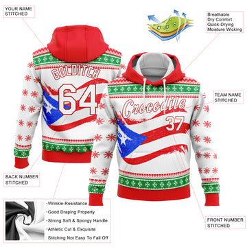 Custom Stitched Red White-Kelly Green 3D Puerto Rican Flag Sports Pullover Sweatshirt Hoodie