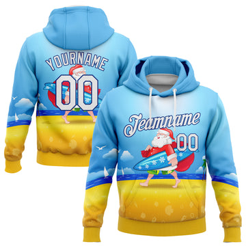 Custom Stitched Light Blue White Gold-Royal 3D Tropical Christmas Surfing Santa Sports Pullover Sweatshirt Hoodie