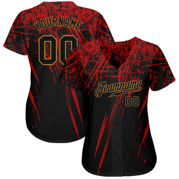 Custom Black Black Red-Old Gold 3D Pattern Design Authentic Baseball Jersey