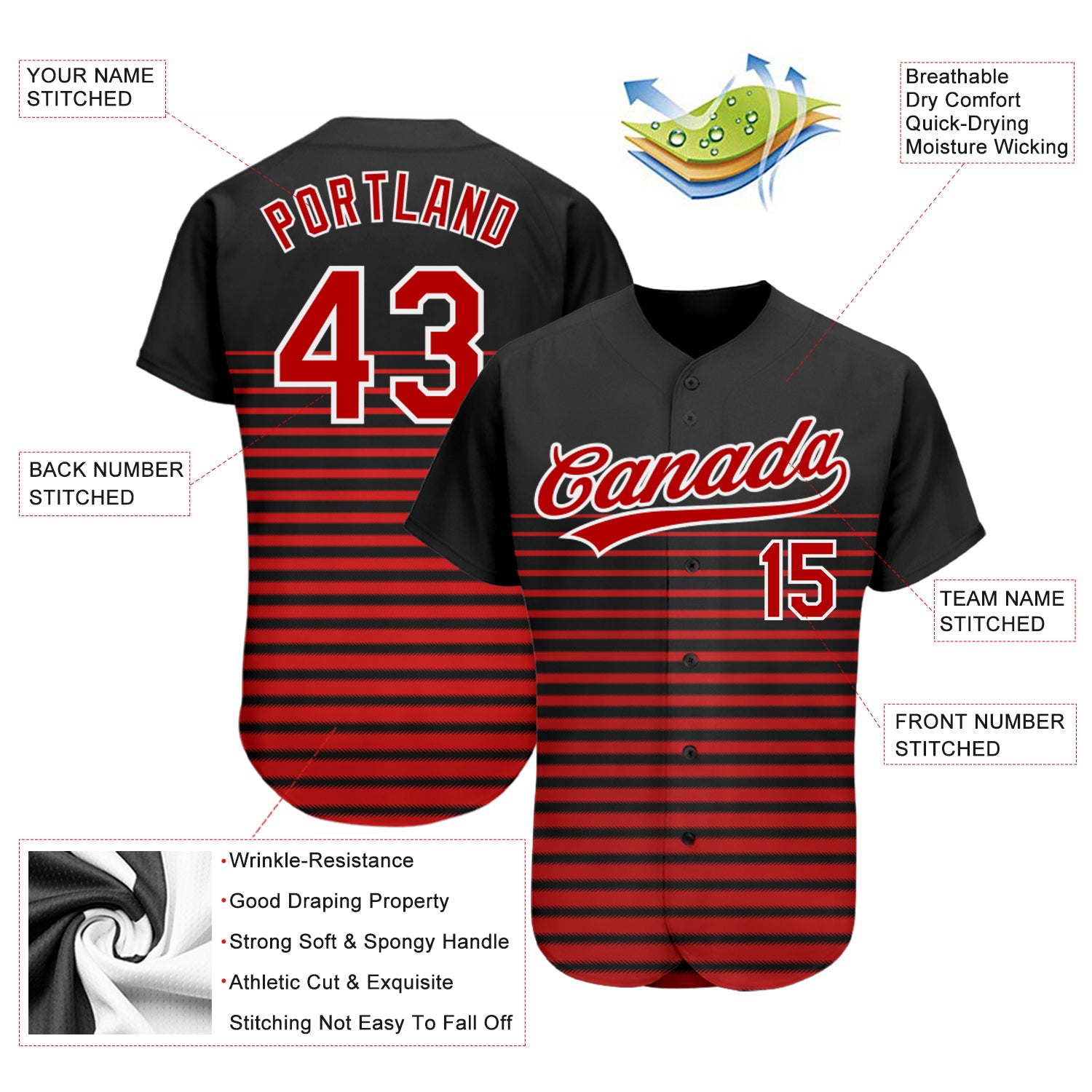Custom Black Red-White 3D Pattern Design Authentic Baseball Jersey Discount