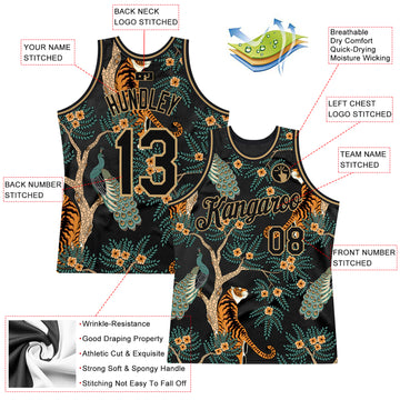Custom Black Black-Old Gold 3D Pattern Design Tiger And Peacock Authentic Basketball Jersey