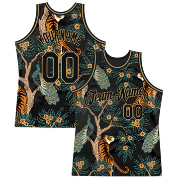 Custom Black Black-Old Gold 3D Pattern Design Tiger And Peacock Authentic Basketball Jersey